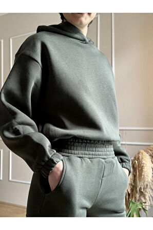 Şardonlu Beli ve Bilekleri Lastikli Kapüşonlu Eşofman Takım