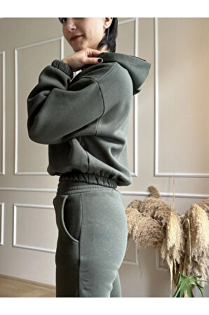 Şardonlu Beli ve Bilekleri Lastikli Kapüşonlu Eşofman Takım