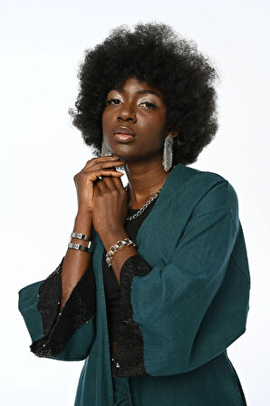 KOLLARI PAYET İŞLEMELİ %100 KETEN PETROL RENK UZUN KİMONO CEKET