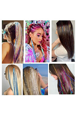 Hair Tinsel Saç Simi- Karışık Renk Boncuksuz / Ht12 Her Tel Farklı Renkli Gökkuşağı Gibi