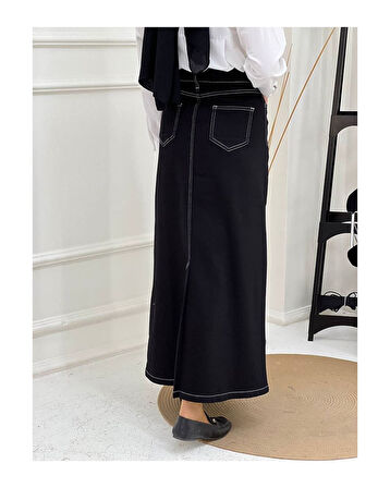 Doğal Kumaşlı Kontrast Dikişli Kot Etek Siyah