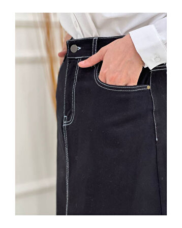 Doğal Kumaşlı Kontrast Dikişli Kot Etek Siyah