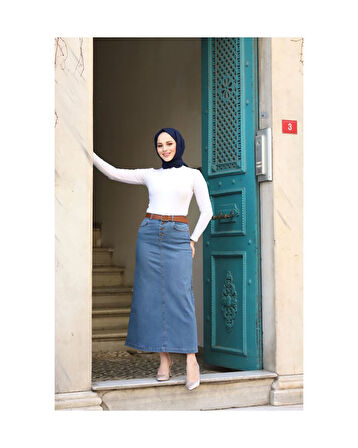 Doğal Kumaşlı Kemerli Kot Etek MAVİ