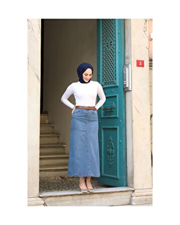 Doğal Kumaşlı Kemerli Kot Etek MAVİ