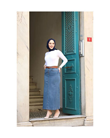 Doğal Kumaşlı Kemerli Kot Etek MAVİ