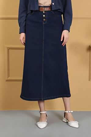 Doğal Kumaşlı Kemerli Kot Etek Lacivert