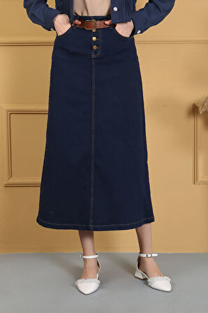 Doğal Kumaşlı Kemerli Kot Etek Lacivert