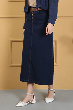 Doğal Kumaşlı Kemerli Kot Etek Lacivert