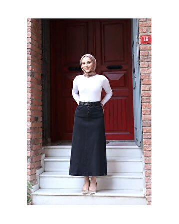 Doğal Kumaşlı Kemerli Kot Etek Siyah-828