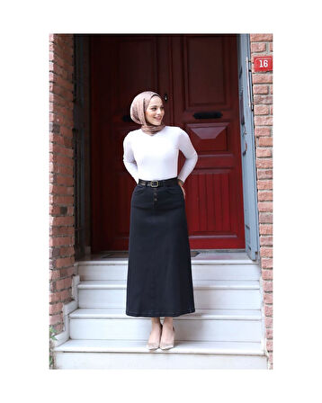 Doğal Kumaşlı Kemerli Kot Etek Siyah-828