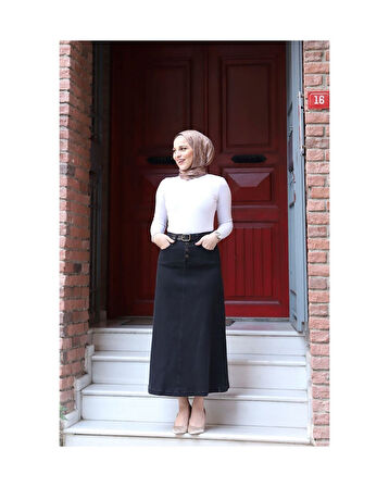 Doğal Kumaşlı Kemerli Kot Etek Siyah-828