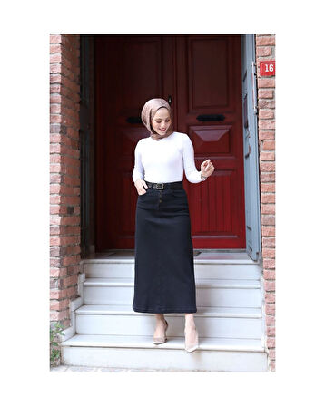 Doğal Kumaşlı Kemerli Kot Etek Siyah-828