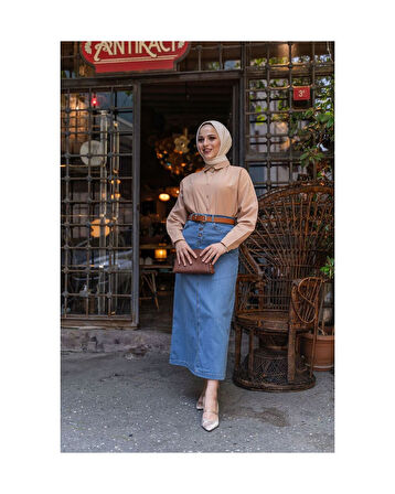 Doğal Kumaşlı Kemerli Kot Etek Açık Mavi