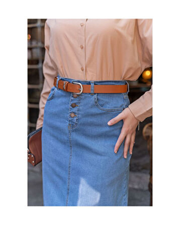 Doğal Kumaşlı Kemerli Kot Etek Açık Mavi