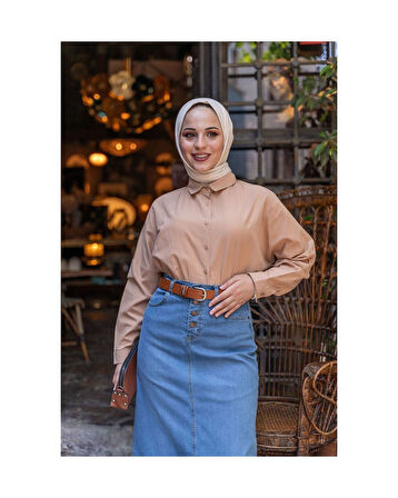 Doğal Kumaşlı Kemerli Kot Etek Açık Mavi