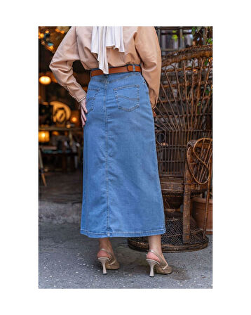 Doğal Kumaşlı Kemerli Kot Etek Açık Mavi