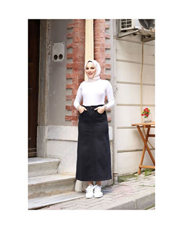 Doğal Kumaşlı Yıldız Rivetlı Kot Etek Siyah-822