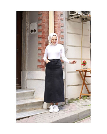 Doğal Kumaşlı Yıldız Rivetlı Kot Etek Siyah-822