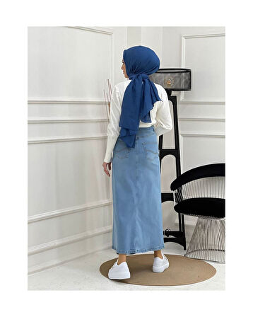 Doğal Kumaşlı Yıldız Rivetlı Kot Etek Açık Mavi