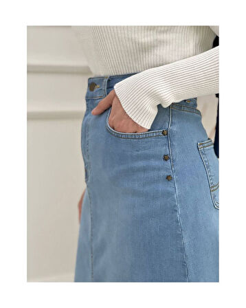 Doğal Kumaşlı Yıldız Rivetlı Kot Etek Açık Mavi