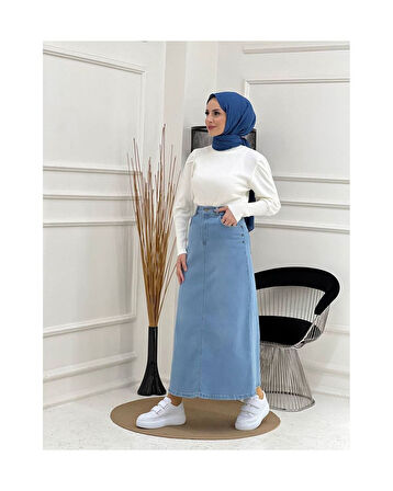 Doğal Kumaşlı Yıldız Rivetlı Kot Etek Açık Mavi