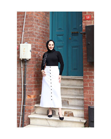 Boydan Düğmeli Gabardin Etek Beyaz-149