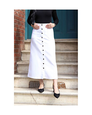 Boydan Düğmeli Gabardin Etek Beyaz-149