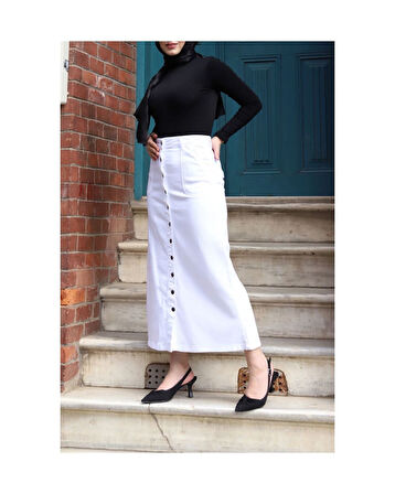 Boydan Düğmeli Gabardin Etek Beyaz-149