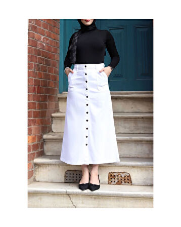 Boydan Düğmeli Gabardin Etek Beyaz-149