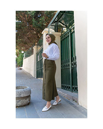 Boydan Düğmeli Gabardin Etek Haki-161