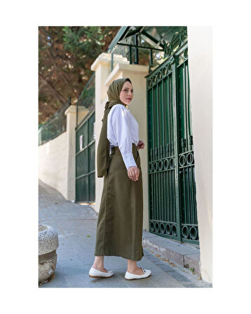 Boydan Düğmeli Gabardin Etek Haki-161