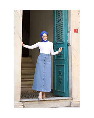 Boydan Düğmeli Gabardin Etek İndigo-617