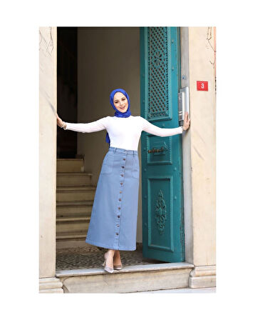 Boydan Düğmeli Gabardin Etek İndigo-617