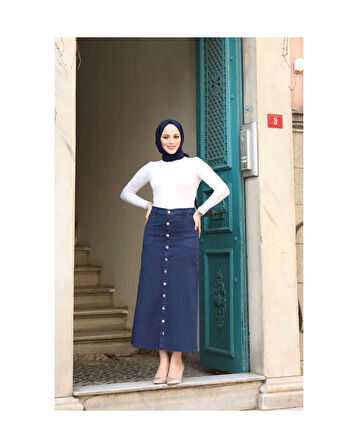 Boydan Düğmeli Gabardin Etek Lacivert-152