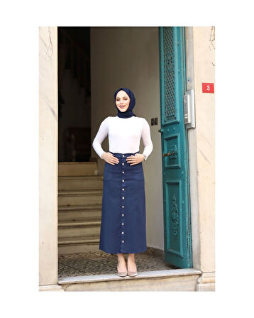 Boydan Düğmeli Gabardin Etek Lacivert-152