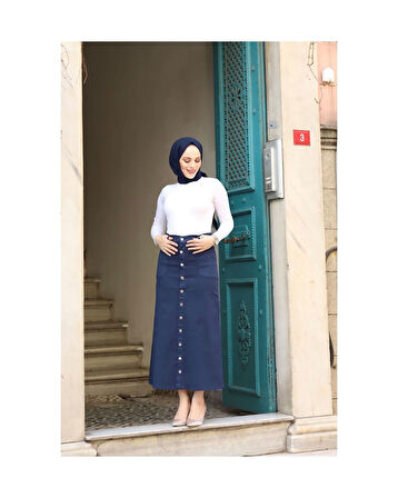 Boydan Düğmeli Gabardin Etek Lacivert-152