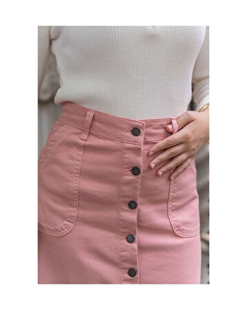 Boydan Düğmeli Gabardin Etek Pudra-596