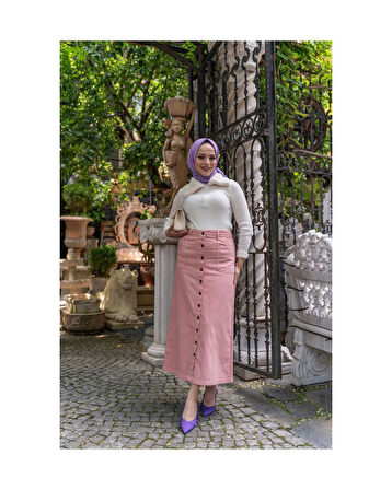 Boydan Düğmeli Gabardin Etek Pudra-596