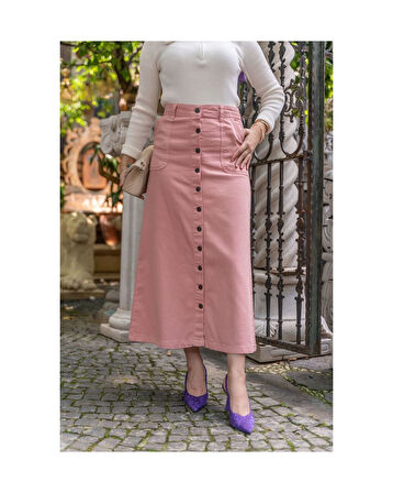 Boydan Düğmeli Gabardin Etek Pudra-596
