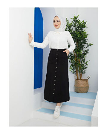 Boydan Düğmeli Gabardin Etek Siyah-155