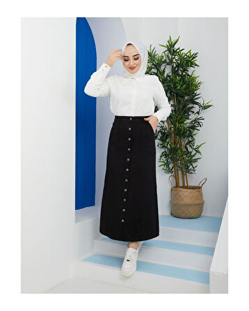 Boydan Düğmeli Gabardin Etek Siyah-155