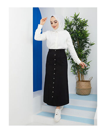 Boydan Düğmeli Gabardin Etek Siyah-155