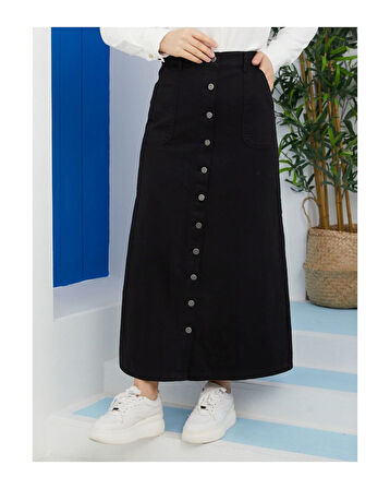 Boydan Düğmeli Gabardin Etek Siyah-155