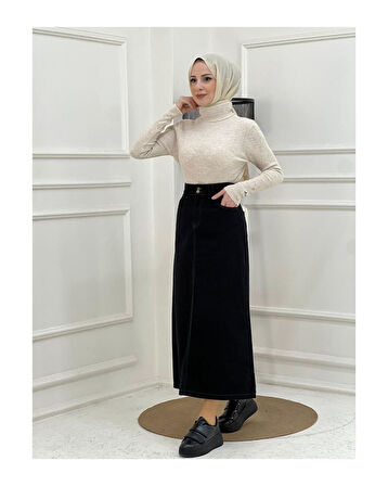 Nakışlı Kontrast Ipli Gabardin Etek Siyah-436