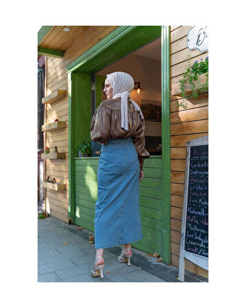 Boydan Düğmeli Körük Cepli Tesettür Etek Açık Mavi-623