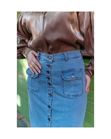 Boydan Düğmeli Körük Cepli Tesettür Etek Açık Mavi-623