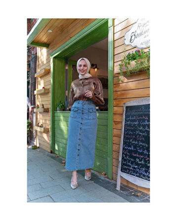 Boydan Düğmeli Körük Cepli Tesettür Etek Açık Mavi-623