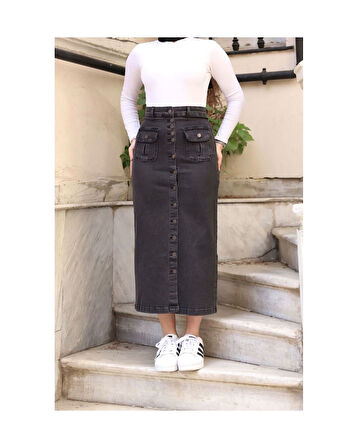 Boydan Düğmeli Körük Cepli Tesettür Etek Antrasit-285