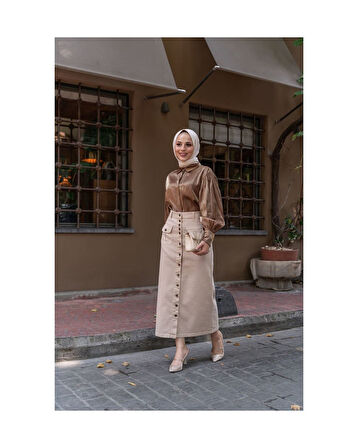 Boydan Düğmeli Körük Cepli Tesettür Etek Antik Ekru-635