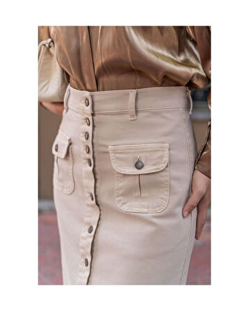 Boydan Düğmeli Körük Cepli Tesettür Etek Antik Ekru-635